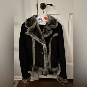 Vintage Steve Madden Black and Gray Leather Jacket with Faux Fur